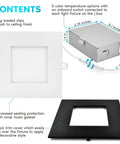 Diagram of 6 Inch Square LED Recessed Light Canless Dimmable Downlight With 5 Color Temperatures, showcasing components and trim options.