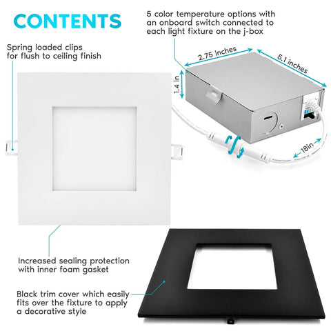 Diagram of 6 Inch Square LED Recessed Light Canless Dimmable Downlight With 5 Color Temperatures, showcasing components and trim options.