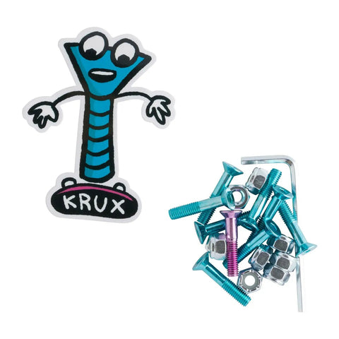 Krome Allen Hardware 1 Inch Blue And Pink Skateboard Mounting Nuts And Bolts Set with cartoon sticker and Allen key included.