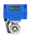 Three Quarter Inch Motorized Ball Valve 304 Stainless Steel NSF Certified Electric Actuator Normally Closed 9-24V DC 5-Wire Control Full Port Smooth Flow Heavy Duty For Potable Water 25 Pack Unit with blue actuator.