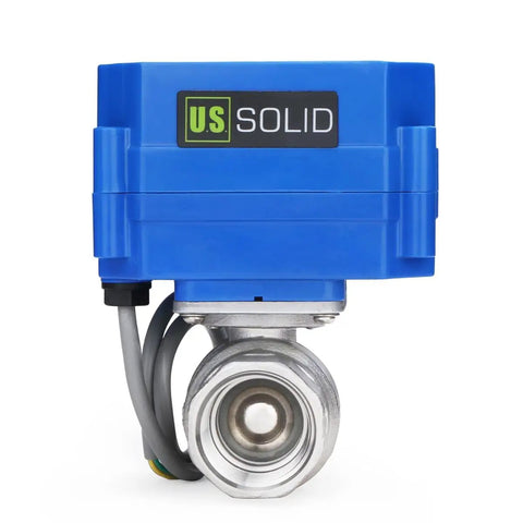 Three Quarter Inch Motorized Ball Valve 304 Stainless Steel NSF Certified Electric Actuator Normally Closed 9-24V DC 5-Wire Control Full Port Smooth Flow Heavy Duty For Potable Water 25 Pack Unit with blue actuator.