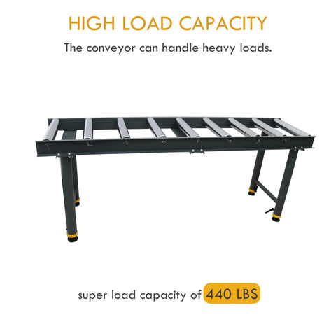 Nine Roll Conveyor Roller Stand With Adjustable Height For Heavy Duty Load, side view showing chrome-plated rollers, 440 lbs capacity