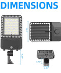 Dimensions of Crazy Bright 300W LED Parking Lot Light With Adjustable Arm Mount 39000 Lumens, front and side views.