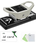 2 In 1 ID Badge Slot Hole Punch For 3x13mm Slots And R5 Card Corner Trimmer Handheld DIY Time Saver Tool shown with example use