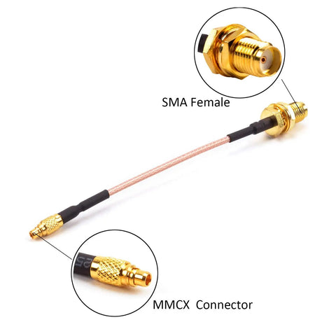 MMCX to SMA Female Antenna Extension Cable with gold-plated connectors, 95mm length, for FPV racing drones and quadcopters.