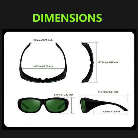Dimensions of Kickass Laser Safety Glasses 900-1100nm OD8 Plus DIN4 Heavy-Duty Eye Protection Goggles for Fiber Laser.