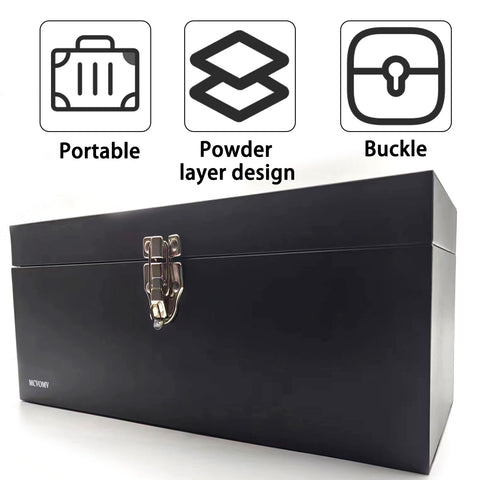 16 Inch Portable Metal Toolbox Built To Last, 18 Gauge Steel With Locking Latch, Heavy Duty Drawer Organizer Tackle Box, Black