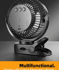 Six Inch Portable Hanging RV Tent Fan With Remote Control LED Light And Timer 10000mAh Battery, clip base view