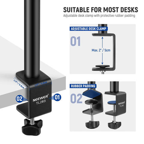 Extendable Camera Desk Mount With Ball Head 17 To 40 Inch Telescopic Table Light Stand C Clamp for Vlogging with adjustable desk clamp