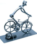 Handmade Metal Nut And Bolt Figurine For Desk Bicycle Ornament And Bike Themed Desktop Statue with cyclist on bike