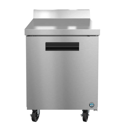 Heavy Duty Single Section Freezer With Slick Stainless Steel Door And Wide Countertop Worktop, front view with wheels.
