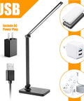 Must Have LED Desk Lamp With Touch Control For Home Office And Study Eye Protecting Light 6000K Daylight LED Three Brightness Levels Flicker Free Reading Lamp For Bedroom And Workspace With AC Power Plug, shown with USB and AC plug options