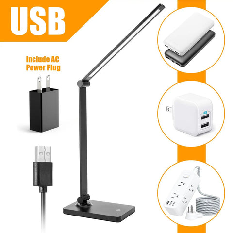 Must Have LED Desk Lamp With Touch Control For Home Office And Study Eye Protecting Light 6000K Daylight LED Three Brightness Levels Flicker Free Reading Lamp For Bedroom And Workspace With AC Power Plug, shown with USB and AC plug options