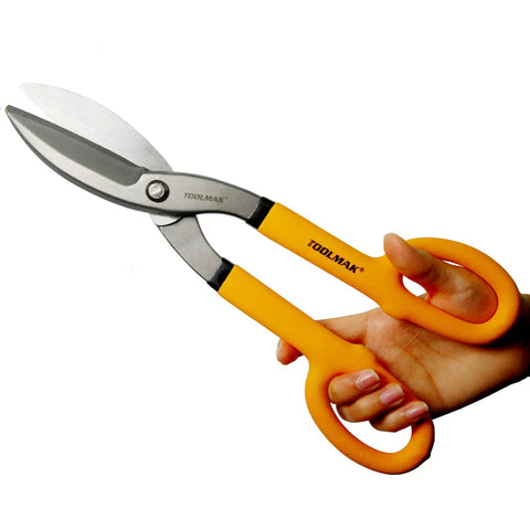 12 Inch Tin Snips With Comfort Grip For Sheet Metal Cutting, shown in hand for size reference.