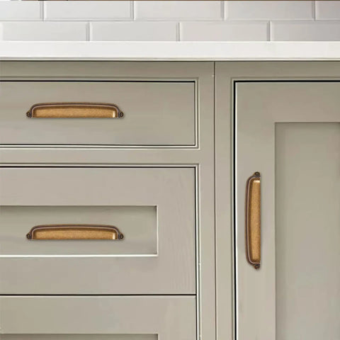 Antique Brass Cup Pulls 3 Inch Center To Center 10 Pack Heavy Duty Cabinet And Drawer Handles on beige kitchen drawers
