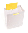 Medium Baby Gift Bag With Tissue Paper, Baby Banner With Foil Accents On Silver Dots, Pink Blue Grey Theme, Yellow Ribbon Handle visible