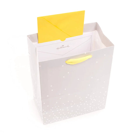 Medium Baby Gift Bag With Tissue Paper, Baby Banner With Foil Accents On Silver Dots, Pink Blue Grey Theme, Yellow Ribbon Handle visible
