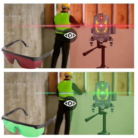 Hella Clear Adjustable Safety Glasses For Green Or Red Laser Alignment With Cross And Multi Line Filter No Sweat Grip Anti Drop Lanyard And Nifty Travel Pouch For Job Sites, displaying red and green lenses for laser work.