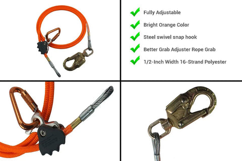 Steel Core Flipline Kit 5/8 Inch by 12 Feet, Adjustable Tree Lanyard, Low Stretch, Cut Resistant Fall Protection details