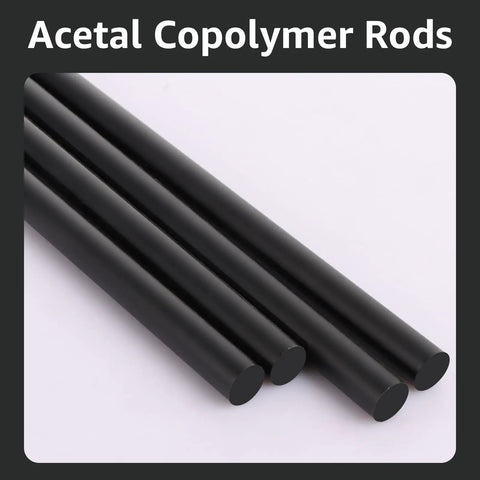 Ten Half Inch Black Acetal Copolymer Round Rods 12 Inch Long Bulk Pack Non Marring Fixture Ready POM Plastic Rods For DIY Projects Machining Prototyping And Crafting, four black rods shown
