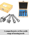 Four MT1 wood lathe centers in a wooden storage box with blue foam insert for wood turning
