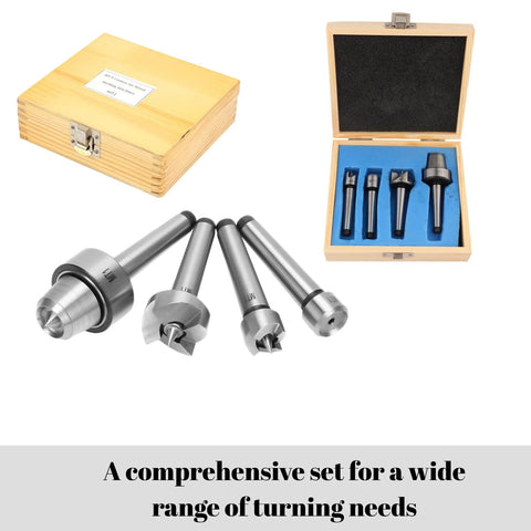 Four MT1 wood lathe centers in a wooden storage box with blue foam insert for wood turning