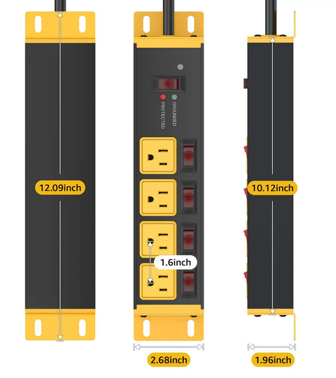 Heavy Duty Power Strip Surge Protector With Two Pack Individual Switches 20 Amp 12 Gauge 4 Ft Extension Cord, yellow outlets.