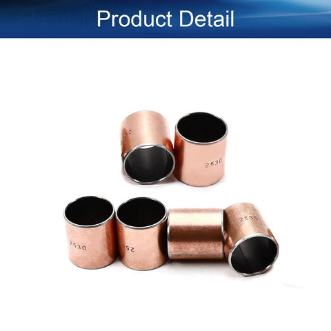 6 Piece Heavy Duty Bronze Sintered Sleeve Bearings 25mm Bore 28mm OD 30mm Length Oilless Bushings For Machines showing copper bushings.