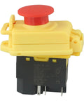 Heavy Duty Waterproof Five Pin Electromagnetic Pushbutton Switch With IP54 Seal And No Volt Release For Mini Metal Lathe And Job Site Power Tools Yellow Black side view with red push button.