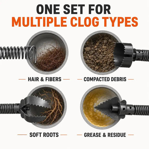Seven Piece Plug Busting Drain Cleaning Cutter Head Attachment Featuring Reinforced Spring Coils And Sharp Serrated Blades For Heavy Duty Snake Auger Fixes And No Fuss Sewer Cleanups showing various clog types.