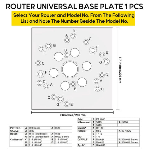 Router universal base plate with compatibility chart for various models, dimensions 9.8 x 8.7 inches, multiple hole sizes visible.