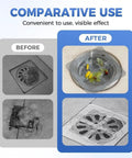 Comparative use of Ten Pack Square Disposable Shower Drain Hair Catcher Stickers showing before and after results.