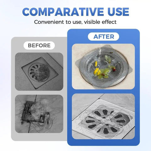 Comparative use of Ten Pack Square Disposable Shower Drain Hair Catcher Stickers showing before and after results.