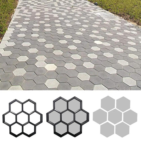 Reusable Honeycomb Concrete Mold Set For Walkways And Stepping Stones DIY Paver Path Maker For Lawn Patio Yard Garden Pavement Beefy Polypropylene Construction showing pattern and molds