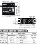 Specifications diagram of the Waterproof 35Kg Beefy Torque RC Steering Servo with Full Metal Gear, showing dimensions and specs.