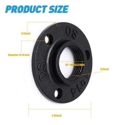 Industrial Vintage Style 1 Inch Floor Flange Set, 30 Pack Malleable Iron Black Painted Pipe Fittings with size dimensions