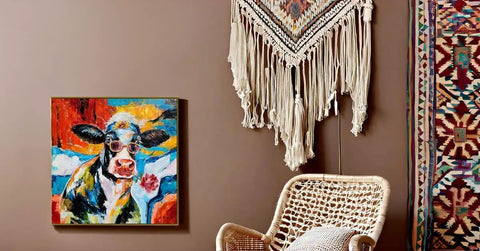 Cool Cow Portrait With Sunglasses Modern Hand Painted Textured Wall Art Framed Cow Head Floral Canvas Bold Black White Red Blue Colorway For Living Room Bedroom Or Bath A Fresh Totally Vibey Statement Piece installed on a wall in a room with a wicker chair and decorative hanging.
