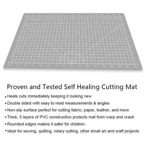 Thickened Pro Grade Self Healing Cutting Mat 18x12 Inches Double Sided 5 Ply Rotary Cutting And Sewing Surface For Fabric Quilting Leather Crafts Hobby Projects Grey Black showing features.