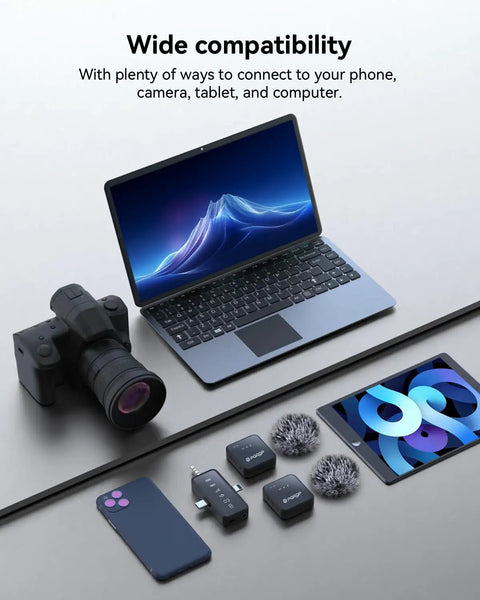 3 in 1 Wireless Lavalier Microphone Clip-On for iPhone Android and Camera, Noise Cancelling Tech, devices and accessories displayed