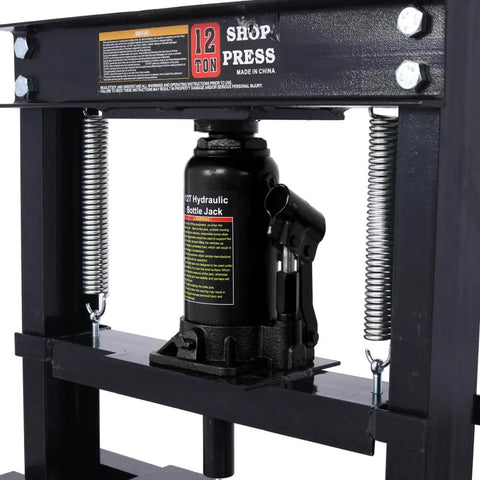 Beefy 12 Ton Hydraulic Shop Press With Floor Mount H Frame Adjustable Table Height And Press Plates For Bending Straightening And Metalworking Heavy Duty Black And Steel Construction