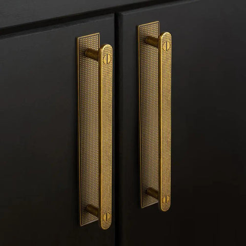 7.56 Inch Antique Brass Cabinet Pulls With Backplates 2 Pack Beefy Heavy Duty Solid Metal Hardware For Dresser And Cabinet Renovation Built To Last With Vintage Rustic Look And Timeless Quality. on black cabinet doors