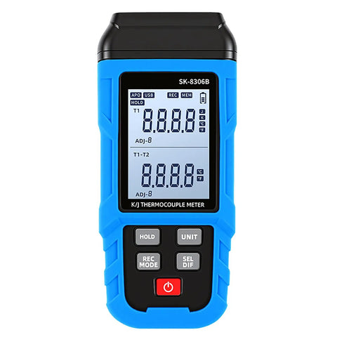 Built Like A Tank Digital Thermocouple Thermometer K And J Type High Temp Meter with dual display and ergonomic blue casing.
