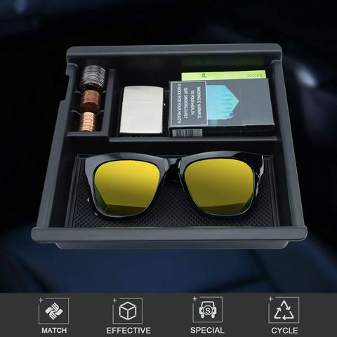 Center Console Organizer Tray For Toyota Tacoma 2016 2023 ABS Material Black Trim with sunglasses and coins