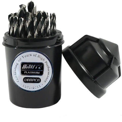 Brute Platinum Twister-XL5 29-Piece HSS Jobber Drill Bit Set in black water-resistant index with visible drill bits
