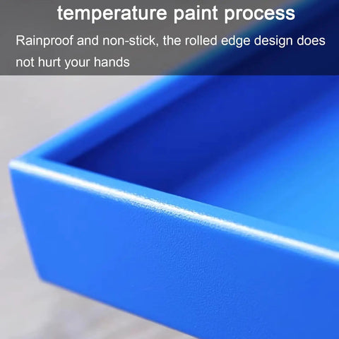 Close-up of Beefy Heavy Duty Spill Containment Platform in blue, steel edge detail, 65x65x15 cm