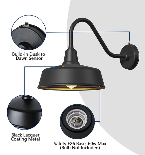 Two Pack Outdoor Barn Lights With Black Finish, Classic Farmhouse Porch Lamps highlighting dusk sensor and E26 base details.