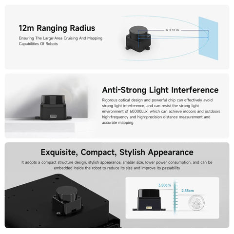 D500 Outdoor Lidar Kit For SLAM Navigation DTOF Scanning Laser Radar Sensor With ROS1 ROS2, compact design, 12m range