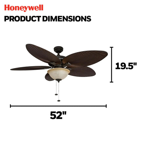 Palm Island 52 Inch Ceiling Fan With Light For Indoor Outdoor Spaces dimensions, featuring bronze finish and palm leaf blades