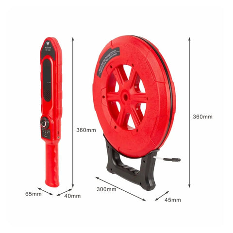Built Tough Wireless Stud Finder And Wall Scanner with red handheld reader and wire reel for detecting pipes and obstructions.