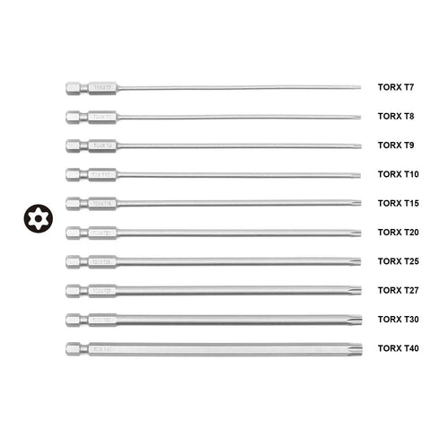Tamper Resistant Torx Bit Set T7 Through T40 With One Quarter Inch Hex Shank, 150mm Six Inch Drive Bits, 10 Piece Pro Grade S2 Steel